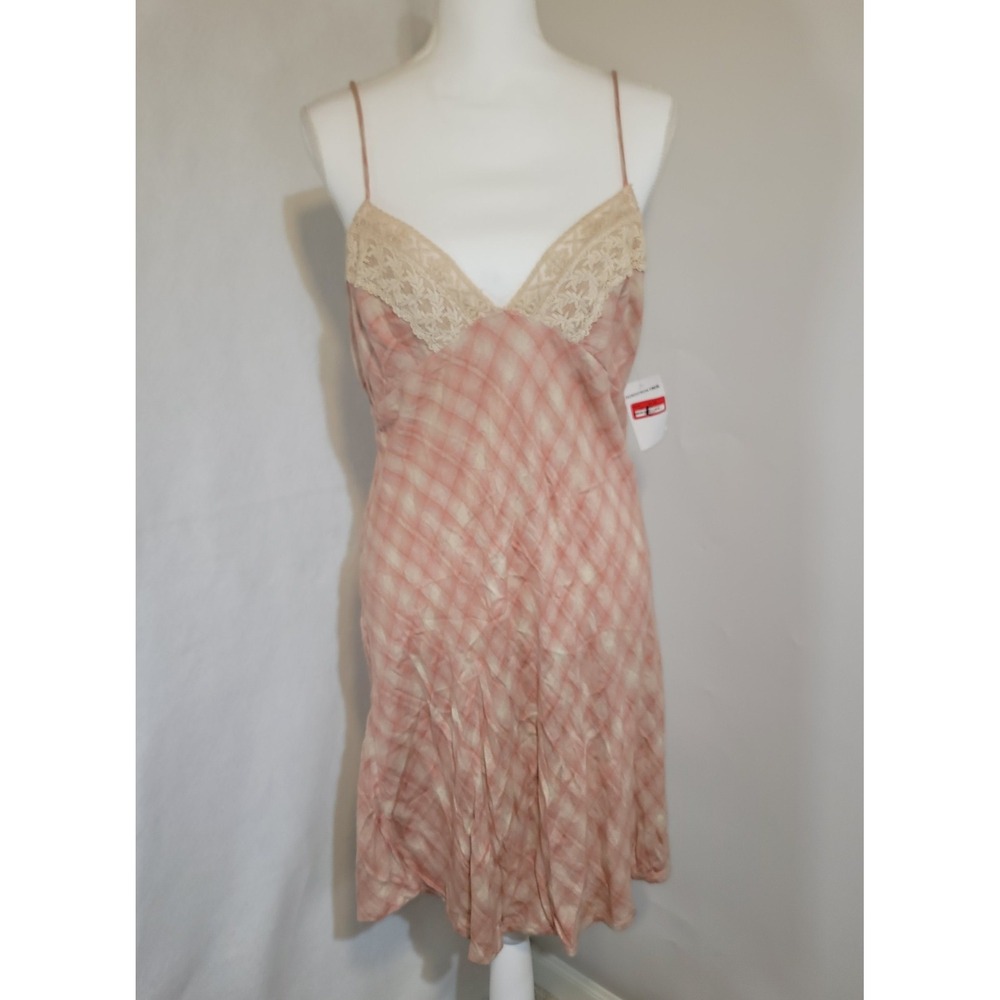 Free People Gracie Babydoll Lace Plaid Slip Mini Dress Pink Beige Size Large NWT